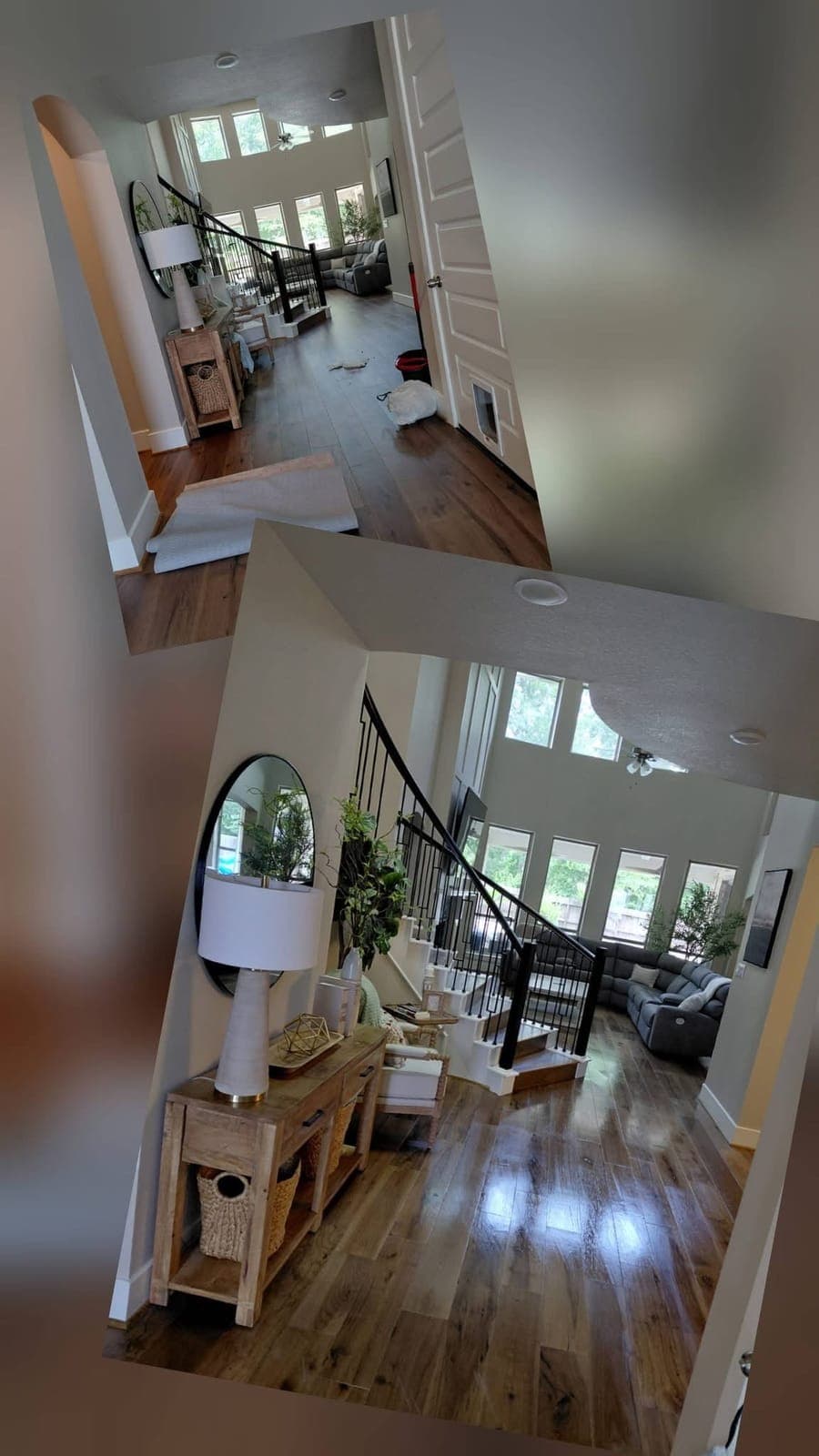 Entryway with staircase before, with items on the floor, and after, tidy and clean