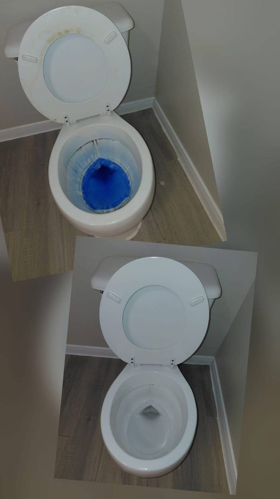 Toilet before, with stains on the lid, and after, white and clean