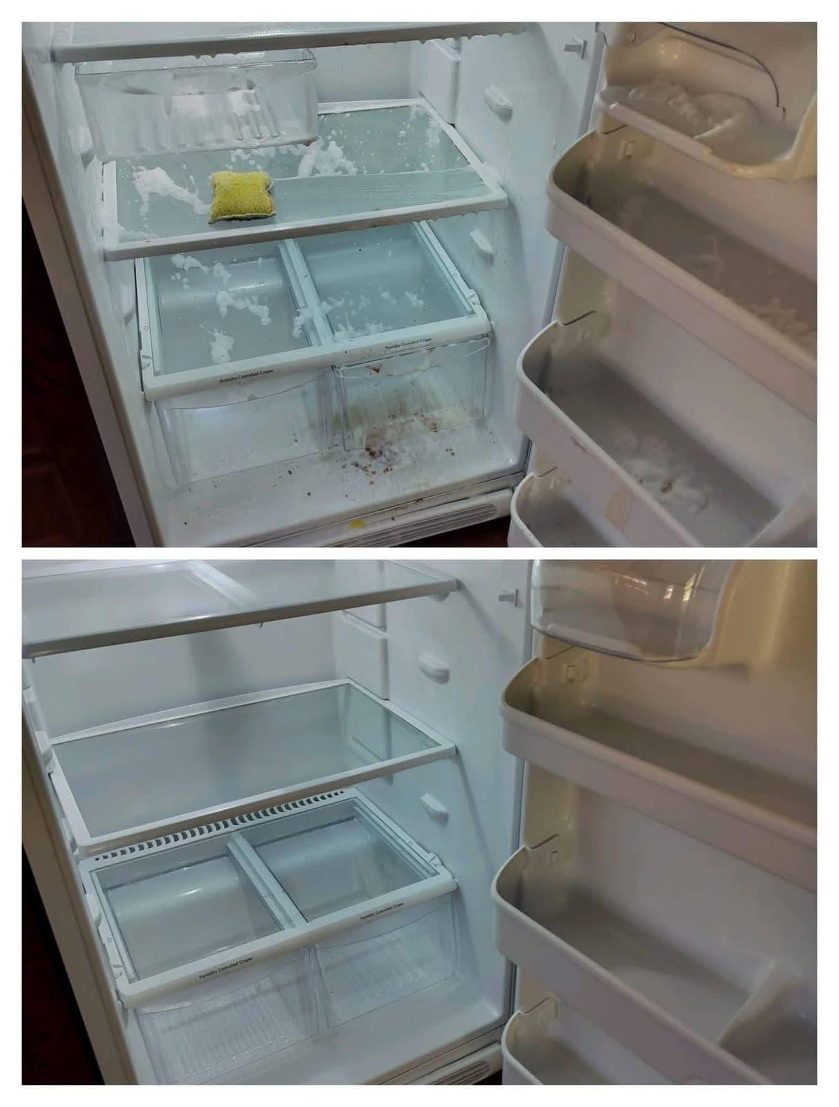 Inside of a fridge before, with stains and crumbs, and after, clean