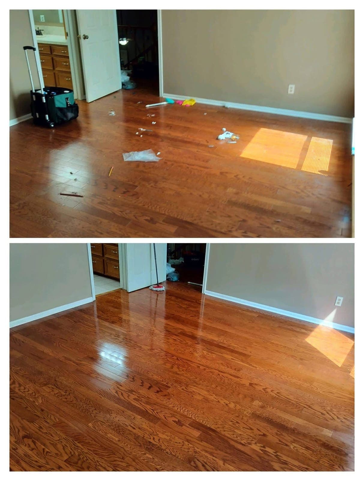 Wood floor before, with trash scattered around, and after, clean and shiny